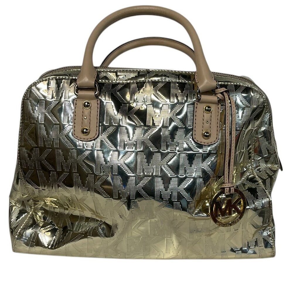 MICHAEL KORS Mason Medium Logo Embossed Metallic Gold Leather Satchel